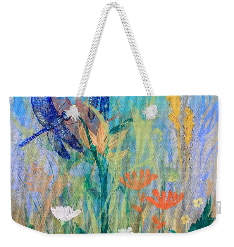 Dragonflies Weekender Tote Bag featuring the painting Dragonflies in Wild Garden by Robin Pedrero