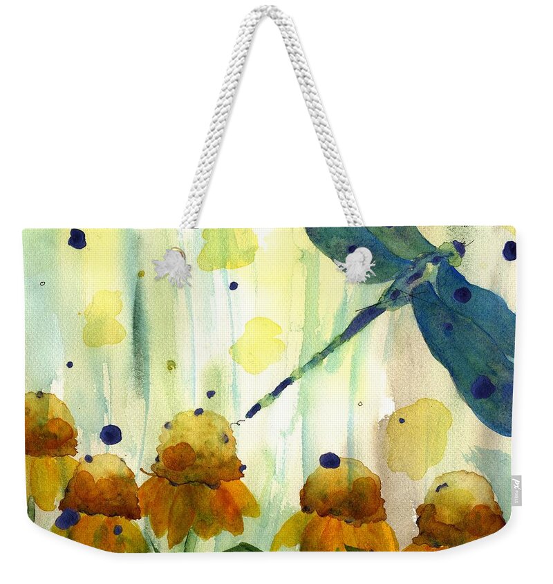 Dragonfly Weekender Tote Bag featuring the painting Dragonfly in the Wildflowers by Dawn Derman