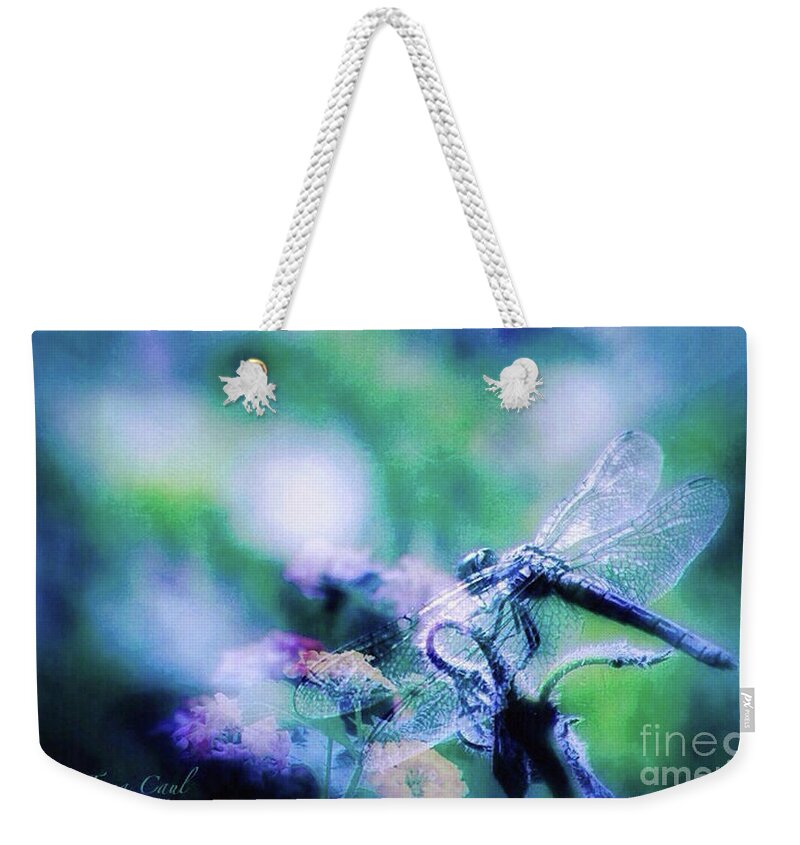 Dragonfly Weekender Tote Bag featuring the photograph Dragonfly on Lantana-Blue by Toma Caul