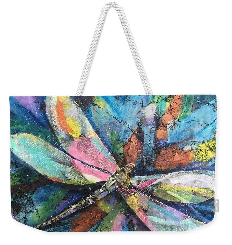 Multicolor Weekender Tote Bag featuring the painting Dragonfly Voyager by Midge Pippel