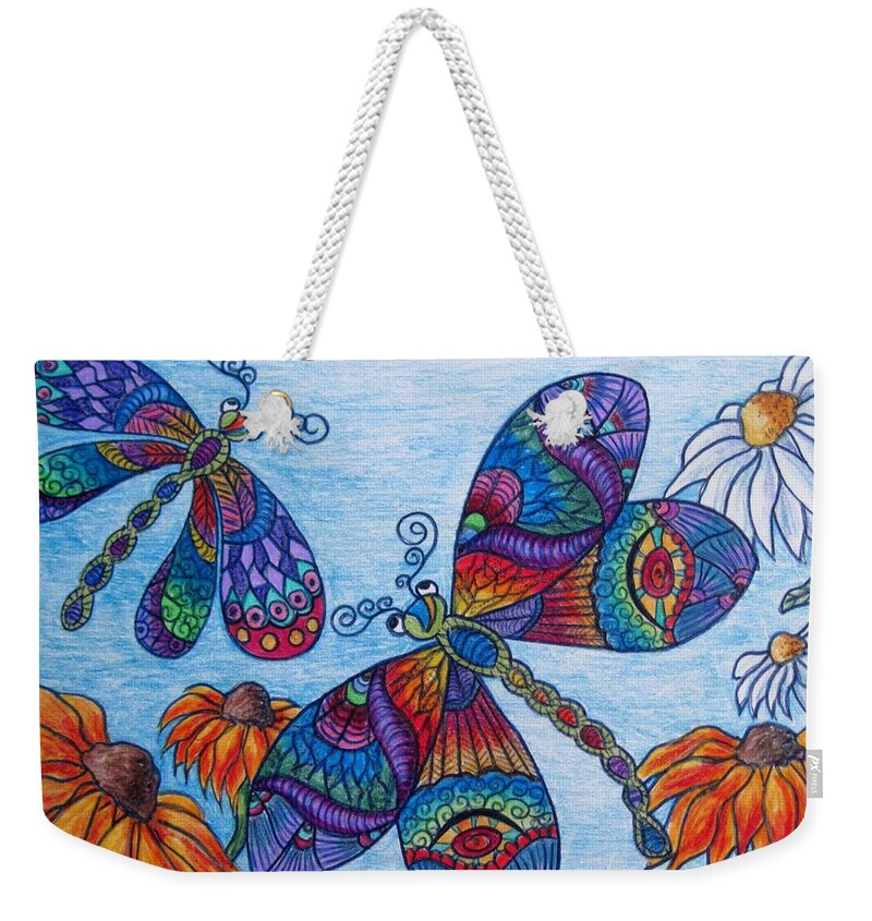 Dragonflies Weekender Tote Bag featuring the drawing Dragons on the wing by Megan Walsh