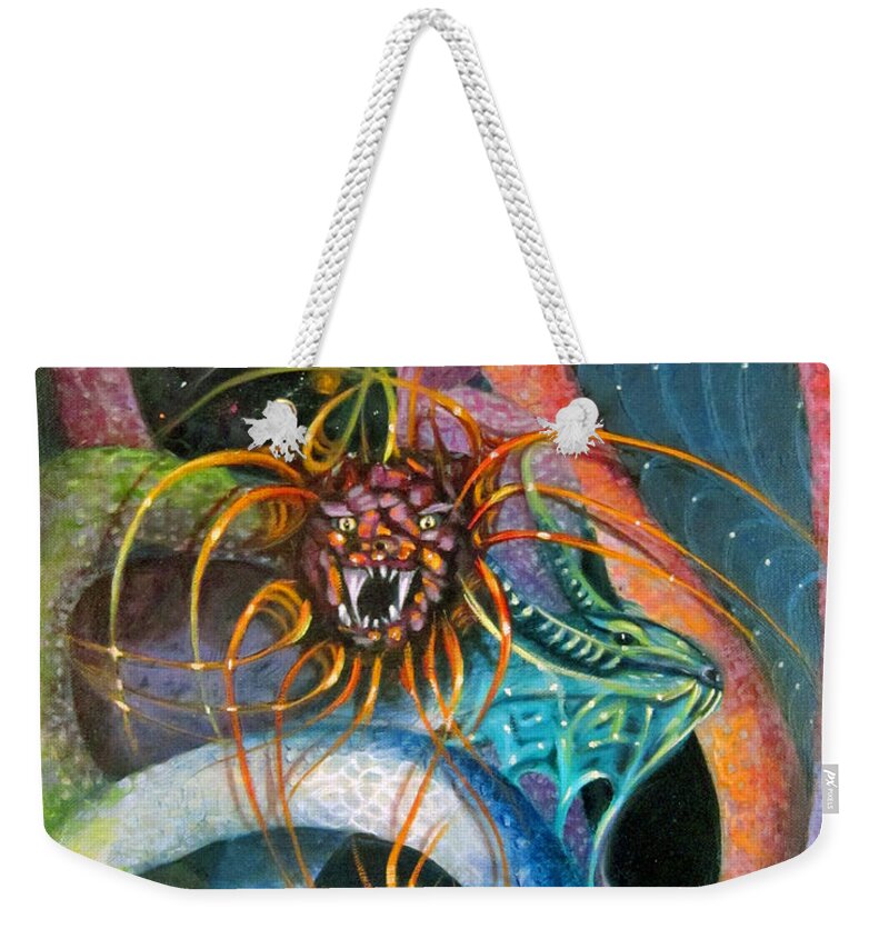 Curvismo Weekender Tote Bag featuring the painting Dragons Three by Sherry Strong