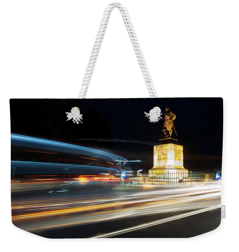 Helen Northcott Weekender Tote Bag featuring the photograph Drakes Statue Traffic Trails by Helen Jackson