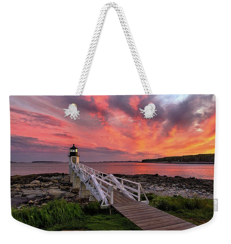 Lighthouse Weekender Tote Bag featuring the photograph Dramatic Sunset at Marshall Point Lighthouse by John Vose