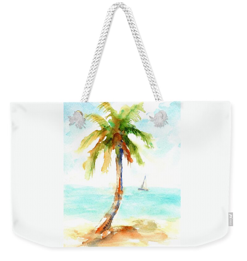 Palm Tree Weekender Tote Bag featuring the painting Dreamy Tropical Beach Palm by Carlin Blahnik CarlinArtWatercolor