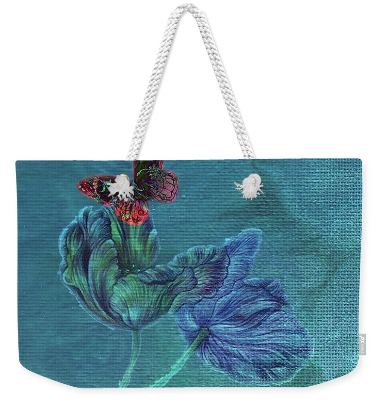 Illustrated Tulip Weekender Tote Bag featuring the painting Dreamy Tulip with Gemlike Butterfly by Judith Cheng