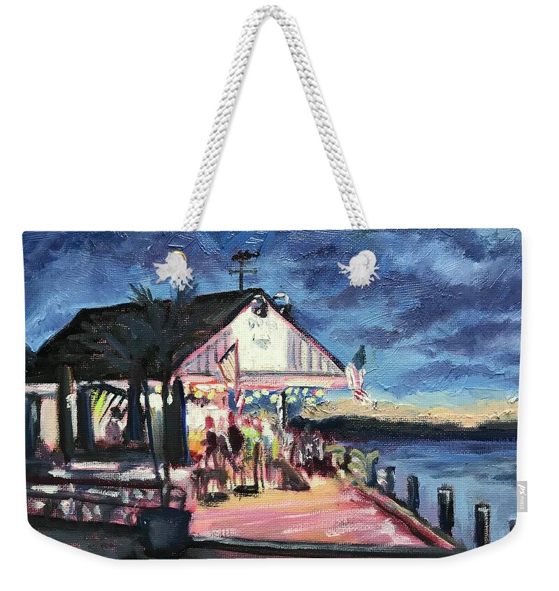 Impressionism Weekender Tote Bag featuring the painting Drinks and Dogs at Doc's by Maggii Sarfaty