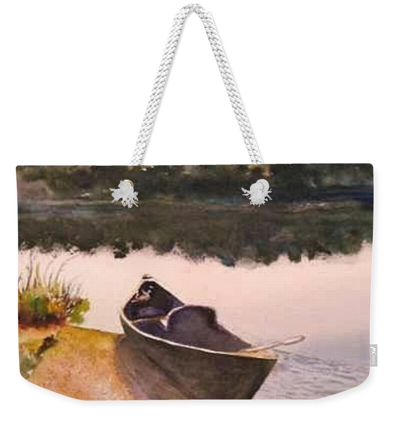 Boats Weekender Tote Bag featuring the painting Drue's Canoe by Bobby Walters