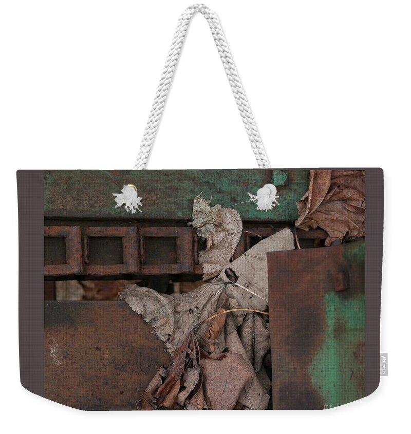 Abstract Weekender Tote Bag featuring the photograph Dry Leaves and Old Steel-V by Patricia Overmoyer