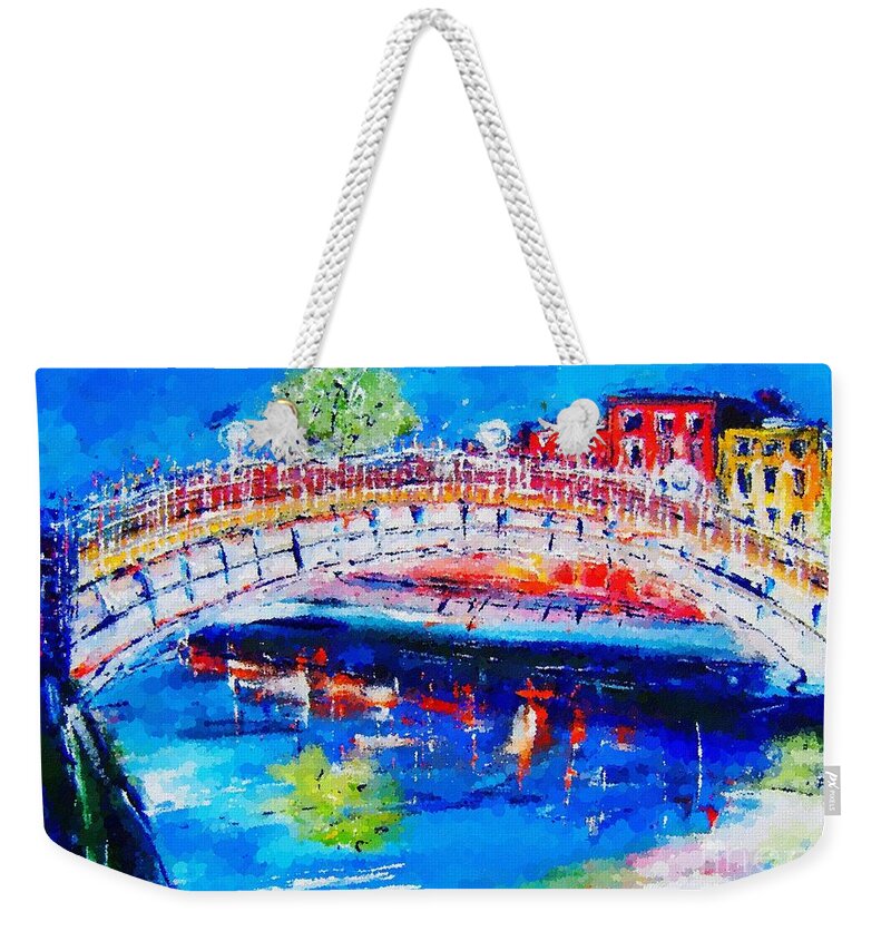 Semi Abstract Weekender Tote Bag featuring the painting WALL ART dublin halfpenny liffey bridge impressionist by Mary Cahalan Lee - aka PIXI