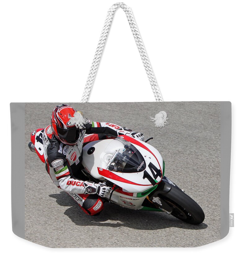 Motorsports Weekender Tote Bag featuring the photograph Ducati at Work by Shoal Hollingsworth