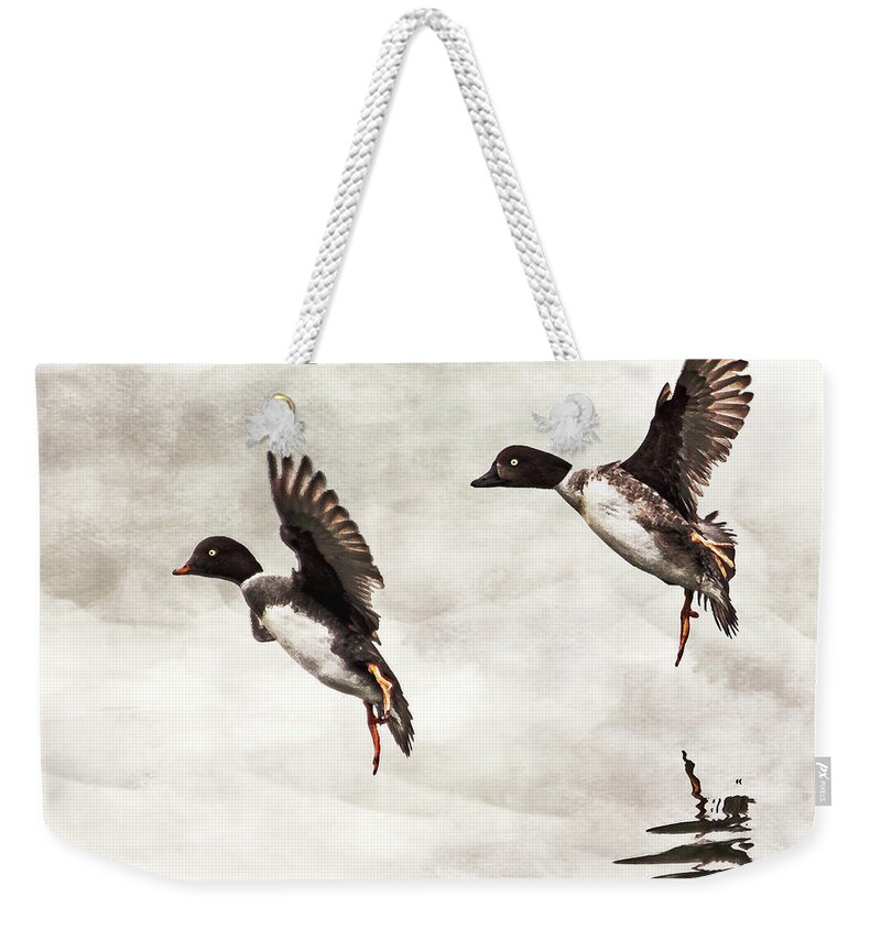 Ducks Weekender Tote Bag featuring the photograph Ducks Landing on the Lake by Peggy Collins