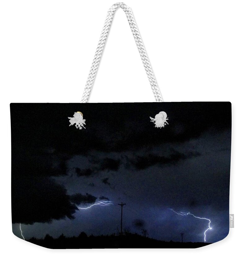 Farmer's Turnpike Weekender Tote Bag featuring the digital art Dueling Lightning Bolts by Michael Oceanofwisdom Bidwell