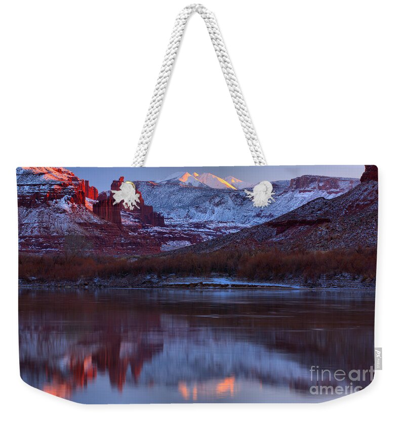 Fisher Towers Weekender Tote Bag featuring the photograph Dusk At Fisher Towers by Adam Jewell