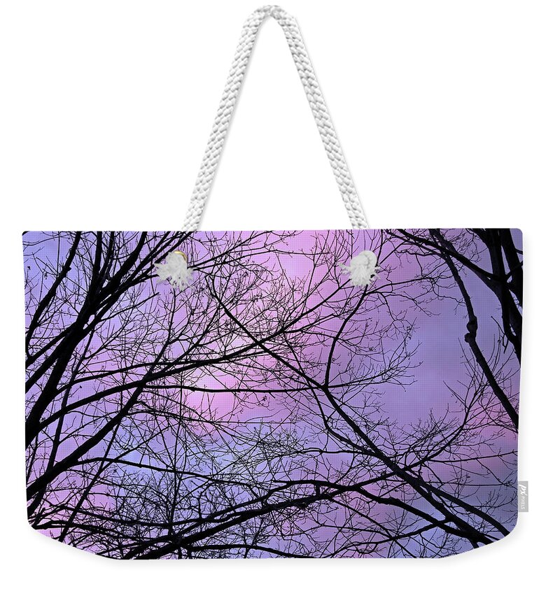 Dusk Weekender Tote Bag featuring the photograph Colorful Sky Caught In Tree Web by Cora Wandel