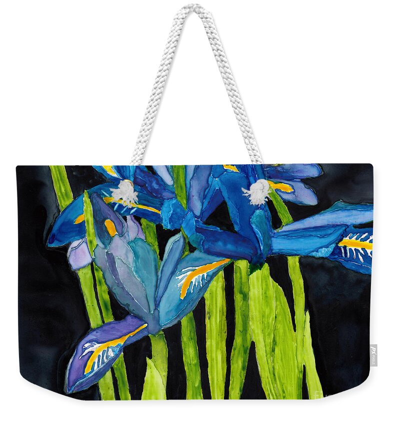 Iris Weekender Tote Bag featuring the painting Dwarf Iris Watercolor on Yupo by Conni Schaftenaar