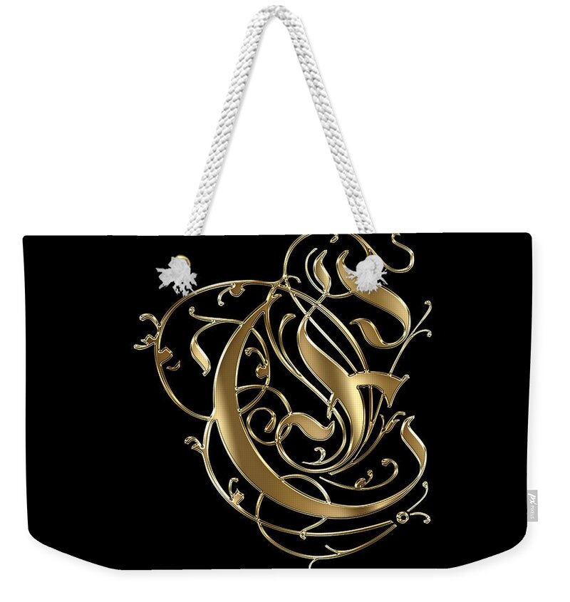 Gold Letter E Weekender Tote Bag featuring the painting E Golden Ornamental Letter Typography by Georgeta Blanaru