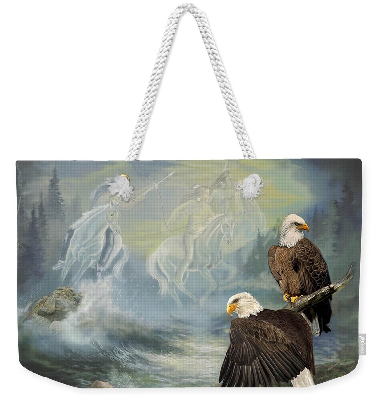  Animals Weekender Tote Bag featuring the painting Eagels and Native American Spirit Riders by Regina Femrite