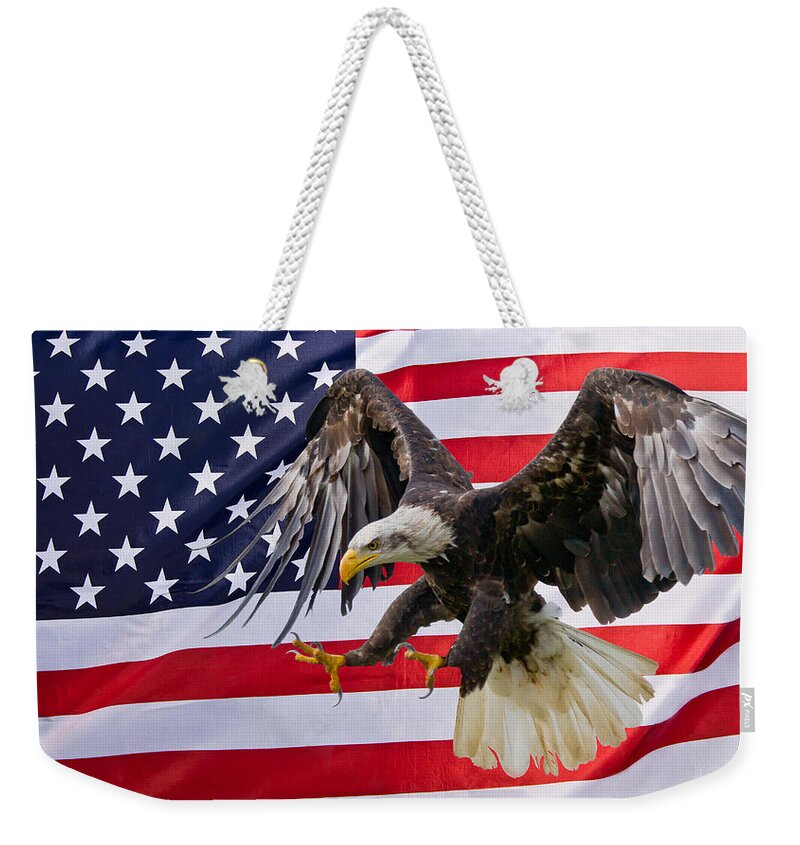 Eagle Weekender Tote Bag featuring the photograph Eagle and Flag by Scott Carruthers