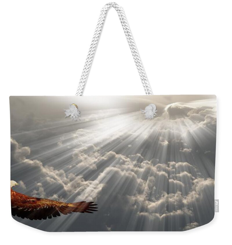 Eagle Weekender Tote Bag featuring the digital art Eagle in flight above the clouds by Bruce Rolff