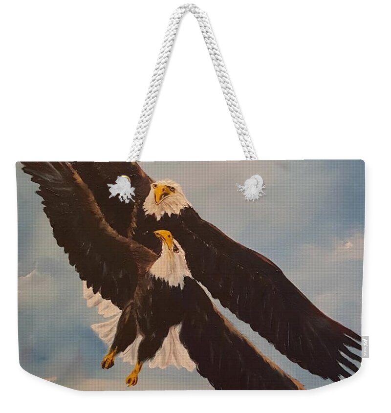 Eagles Weekender Tote Bag featuring the painting Eagles Dance   12 by Cheryl Nancy Ann Gordon