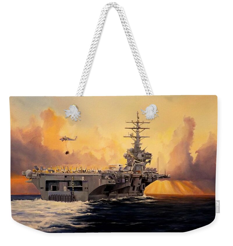 Aircraft Carrier Weekender Tote Bag featuring the painting Early Morning Delivery by Barry BLAKE