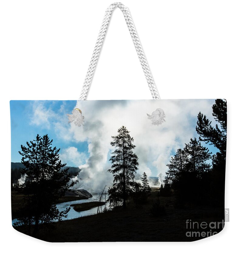 Yellowstone National Park Weekender Tote Bag featuring the photograph Early Morning Geysers at Yellowstone by Ben Graham