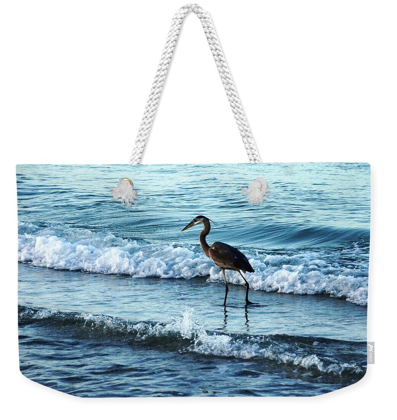 Heron Weekender Tote Bag featuring the photograph Early Morning Heron Beach Walk by Debbie Oppermann