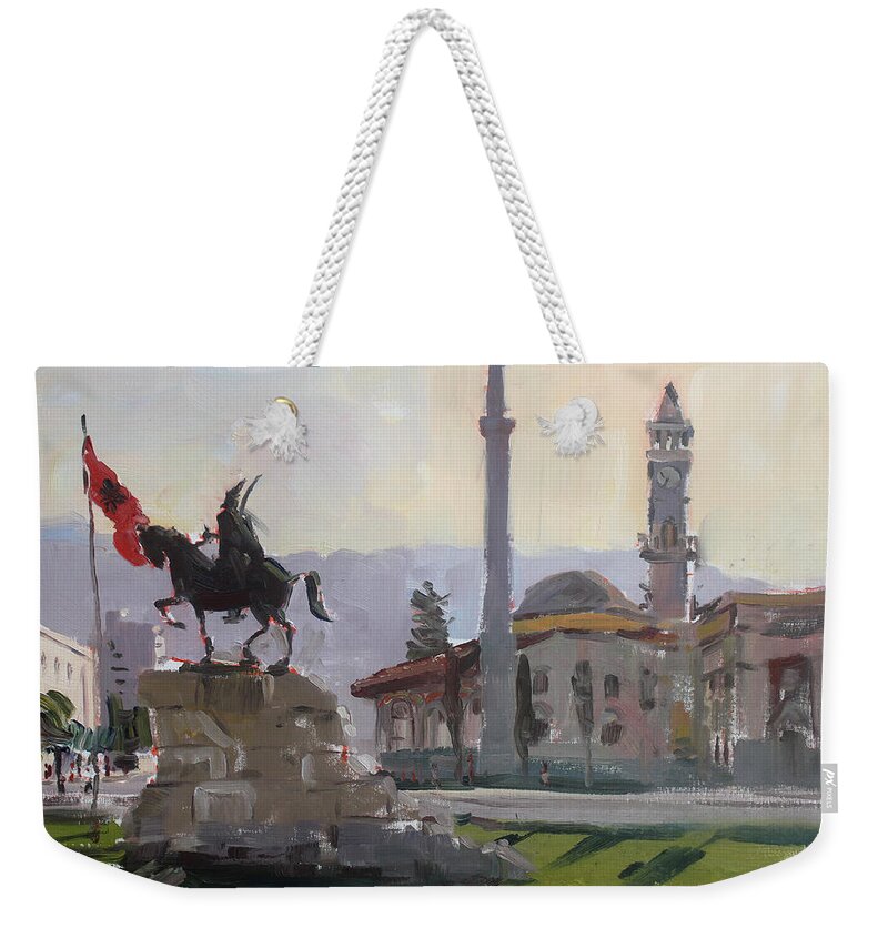 Tirana Weekender Tote Bag featuring the painting Early Morning In Tirana by Ylli Haruni