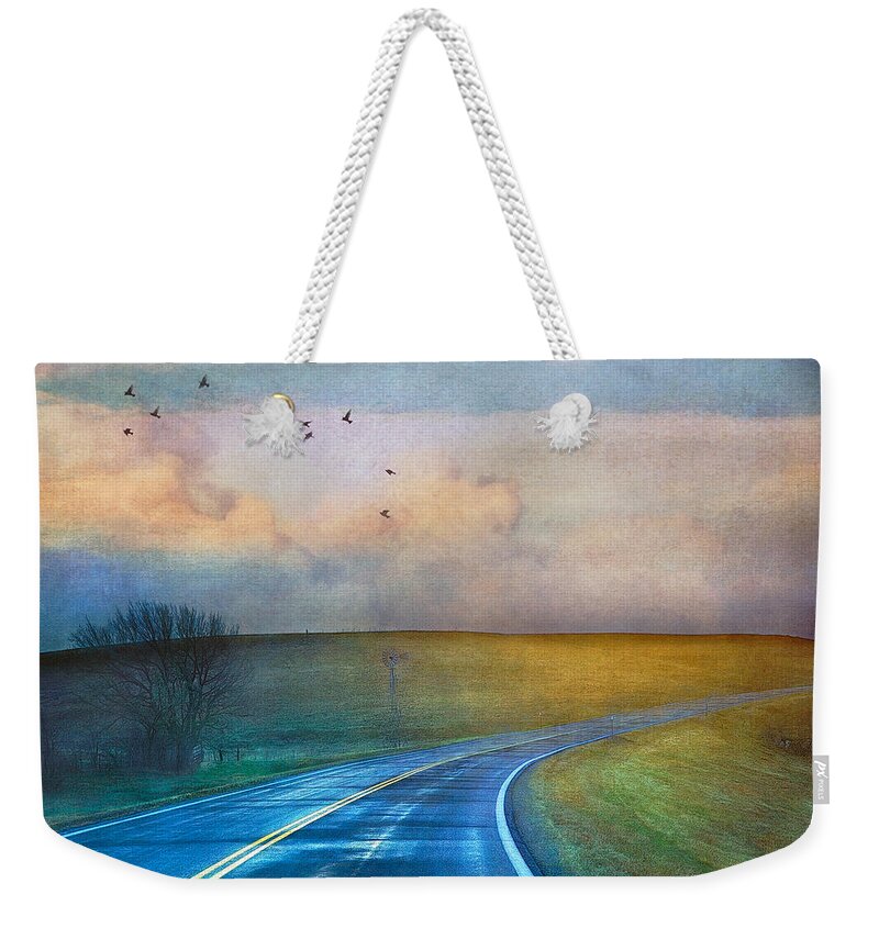 Highway Weekender Tote Bag featuring the photograph Early Morning Kansas Two-Lane Highway by Anna Louise