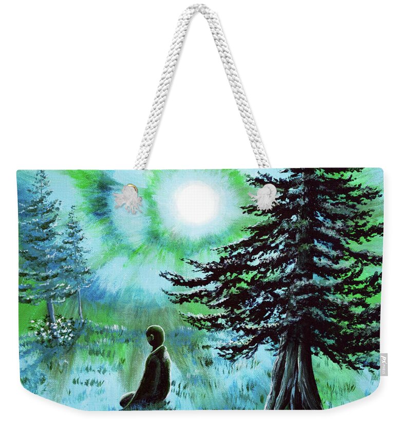 Blue Weekender Tote Bag featuring the painting Early Morning Meditation in Blues and Greens by Laura Iverson