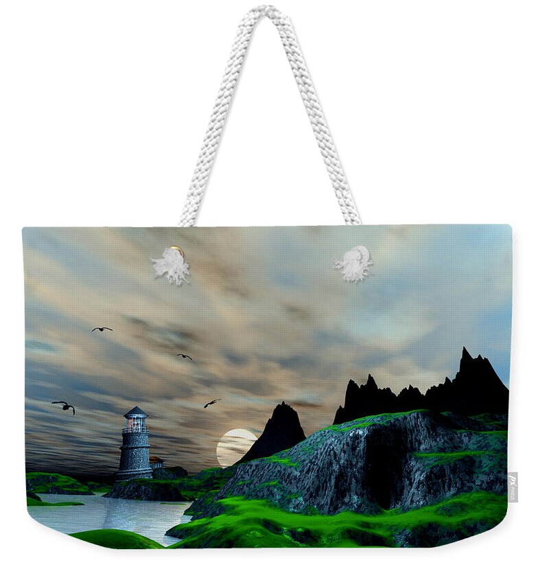  Weekender Tote Bag featuring the digital art Early morning ocean Lighthouse scene by John Junek