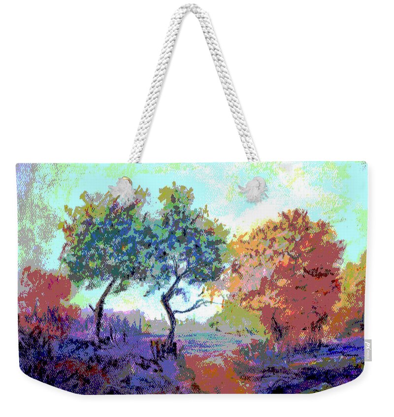 Autumn Trees In Early Morning Weekender Tote Bag featuring the pastel Early Morning Posterized by Olga Kaczmar