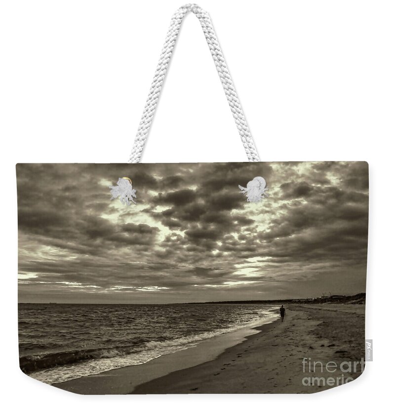Man Weekender Tote Bag featuring the photograph Early Morning Walk On Virginia Beach by Jeff Breiman