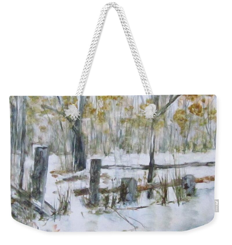 Early Spring Weekender Tote Bag featuring the painting Early Spring Snow by Paula Pagliughi