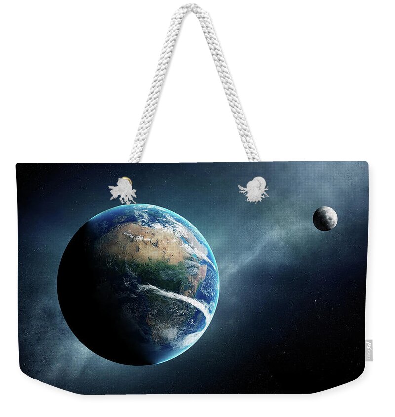 Earth Weekender Tote Bag featuring the digital art Earth and moon space view by Johan Swanepoel