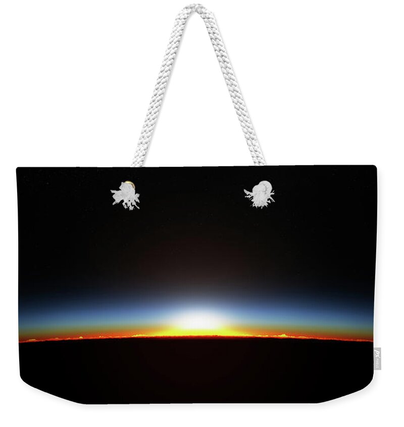 Planet Weekender Tote Bag featuring the photograph Earth sunrise through atmoshere by Johan Swanepoel