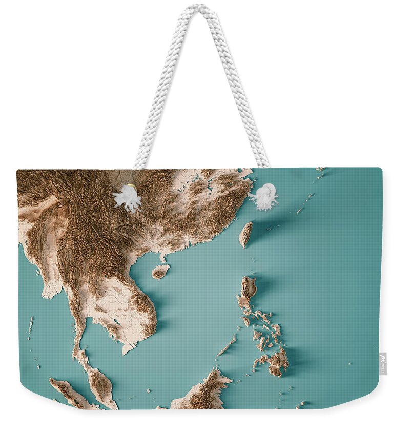 Sea Weekender Tote Bag featuring the digital art East Asia 3D Render Topographic Map Neutral by Frank Ramspott