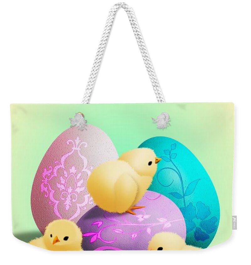 John Wills Art Weekender Tote Bag featuring the digital art Easter Card with baby chicks by John Wills