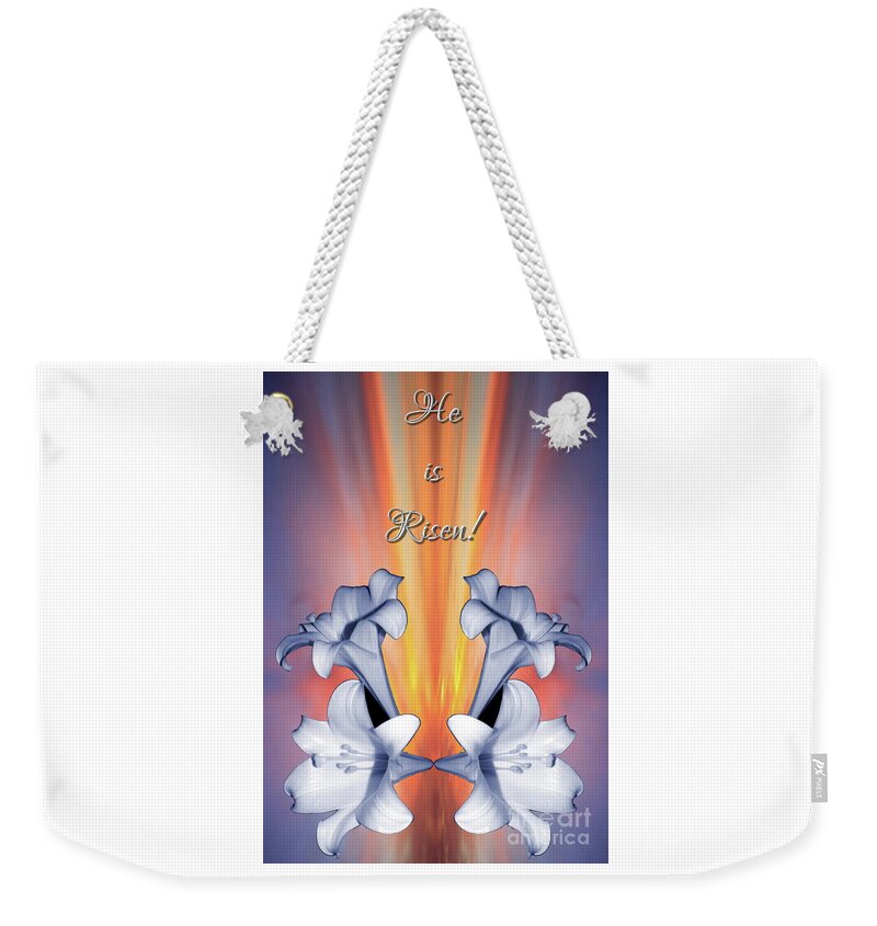 Easter Lilies Sunrise He Is Risen Weekender Tote Bag featuring the mixed media Easter Lilies Sunrise He is Risen by Rose Santuci-Sofranko