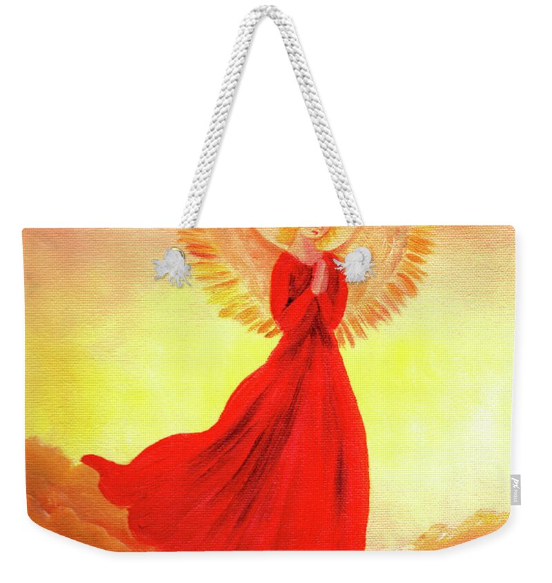 Angel Weekender Tote Bag featuring the painting Easter Sunset Angel by Laura Iverson