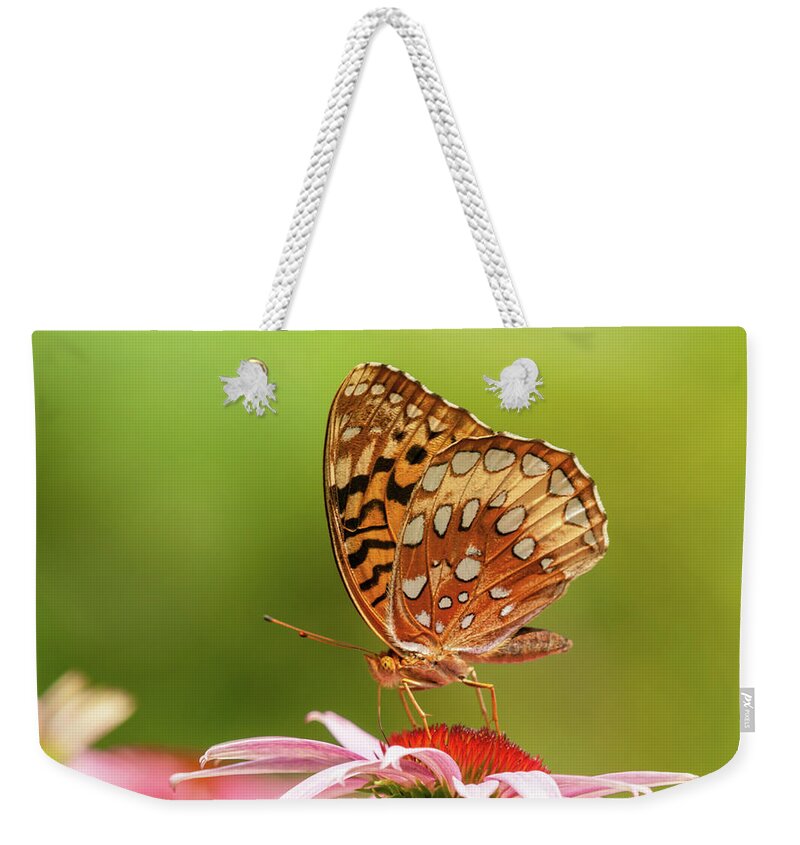 Great Spangled Fritillary Weekender Tote Bag featuring the photograph Echinacea And Fritillary Butterfly by Lara Ellis