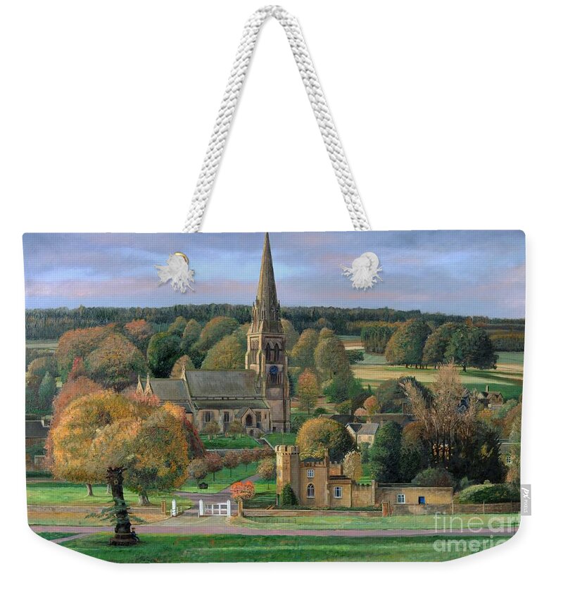 Peak District; Pig; Countryside; English Landscape; Architecture; Church; Village; Estate; Landscape; Chatsworth; Edensor; Chatsworth Park; Tree; Trees; Man Sitting On Bench Weekender Tote Bag featuring the painting Edensor, Chatsworth Park, Derbyshire by Trevor Neal