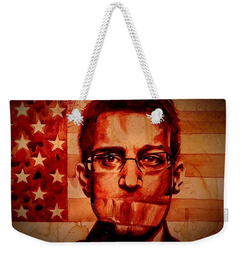 Ryan Almighty Weekender Tote Bag featuring the painting EDWARD SNOWDEN portrait fresh blood by Ryan Almighty