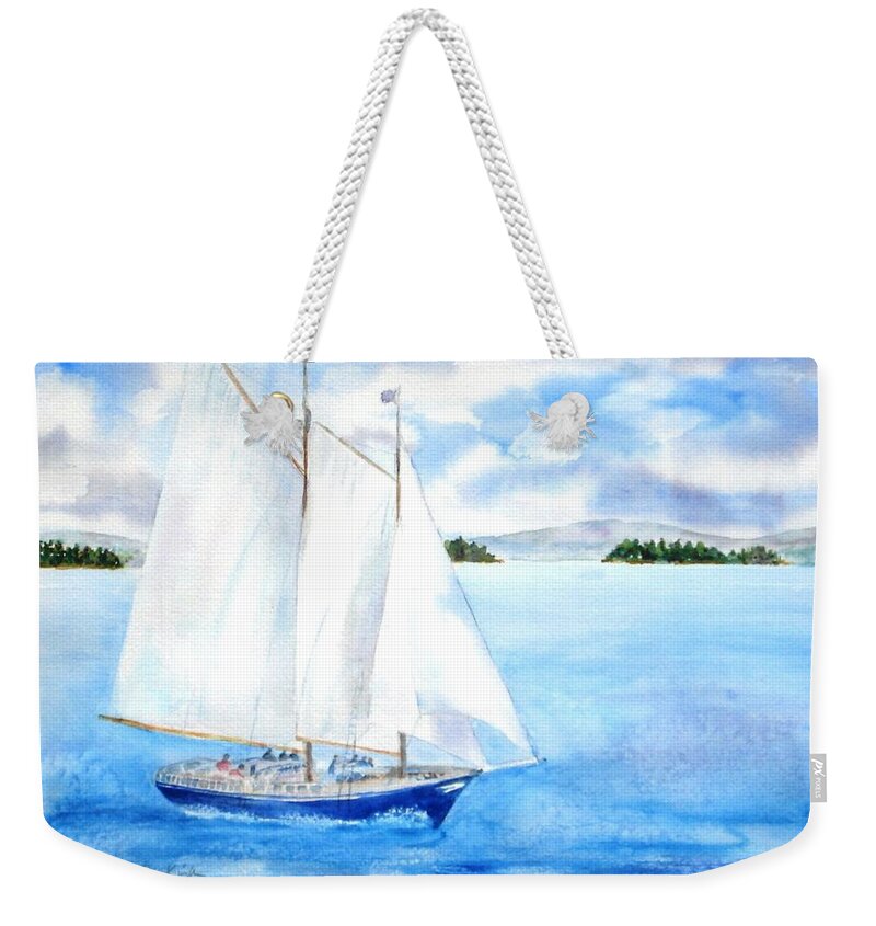 Sailing Weekender Tote Bag featuring the painting Eggemoggin Cruise by Diane Kirk