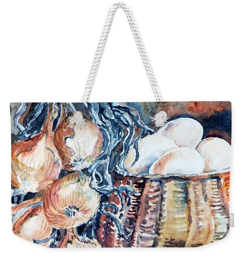 Onions Weekender Tote Bag featuring the painting Eggs and Onions in the Larder by Trudi Doyle