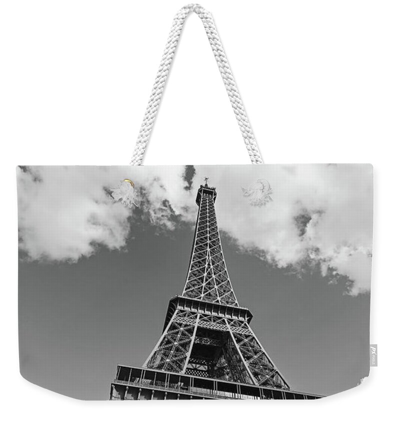 Eiffel Tower Weekender Tote Bag featuring the photograph Eiffel Tower - Black and White by Melanie Alexandra Price