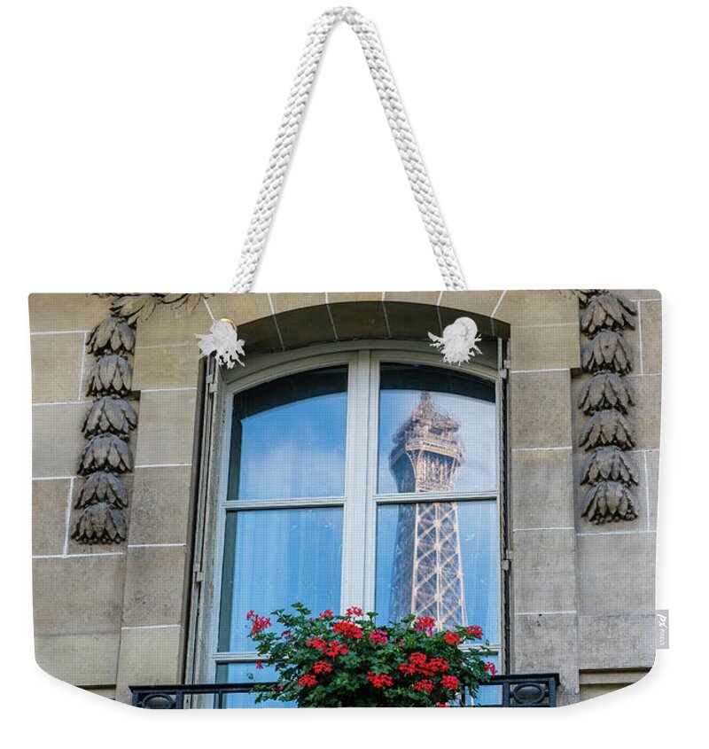 Eiffel Tower Weekender Tote Bag featuring the photograph Eiffel Tower Paris Apartment Reflection by Mike Reid