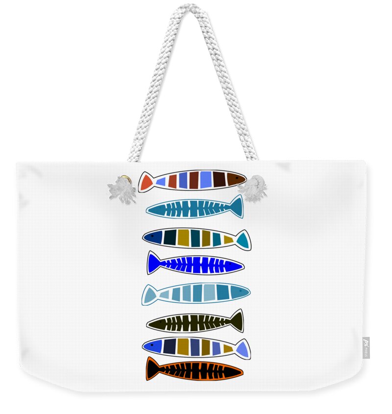 Eight Fish Weekender Tote Bag featuring the mixed media Eight Fish In A Row by Movie Poster Prints