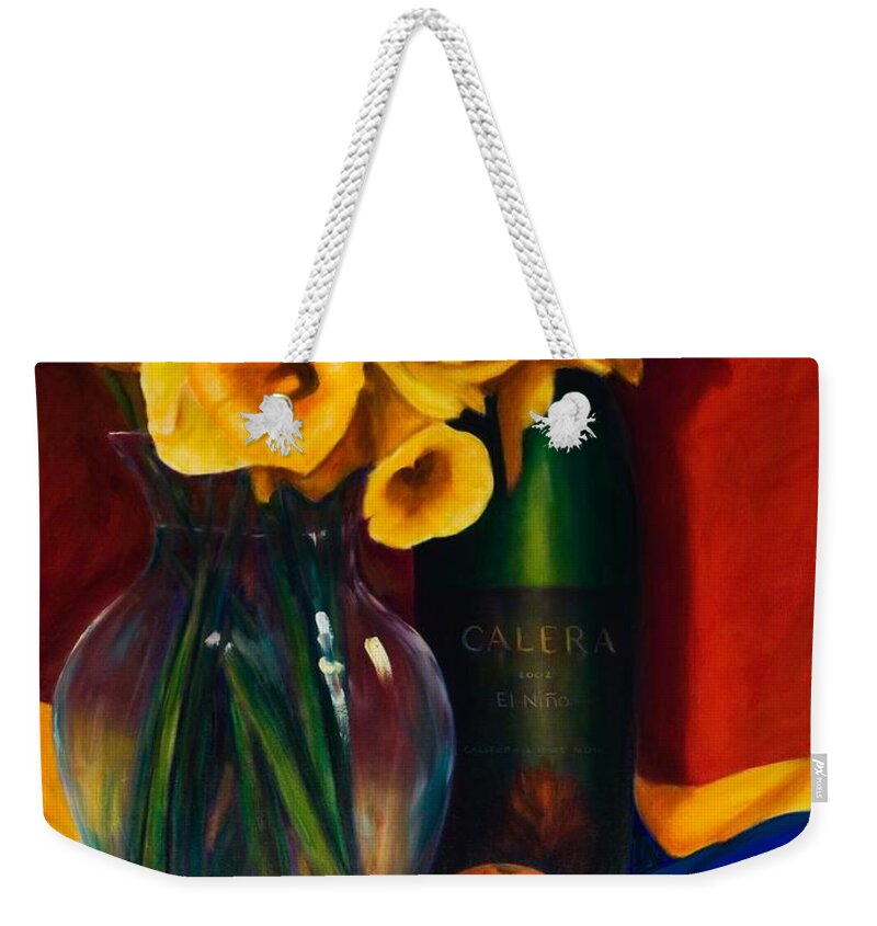 Red Weekender Tote Bag featuring the painting El Nino by Shannon Grissom